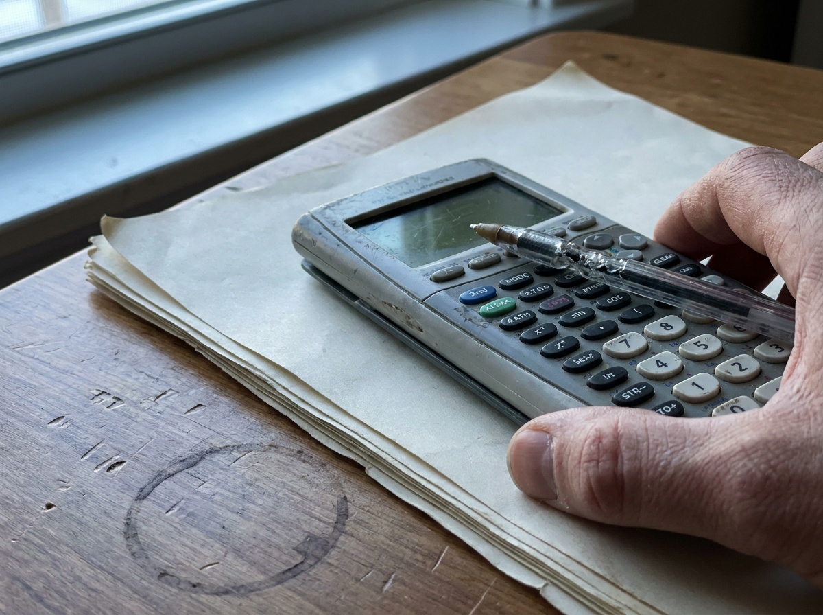 Calculatrice posée sur une pile de factures sur un bureau