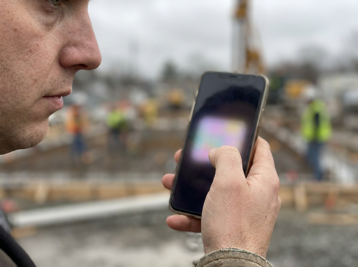 Travailleur qui consulte son téléphone à côté de sa camionnette de service