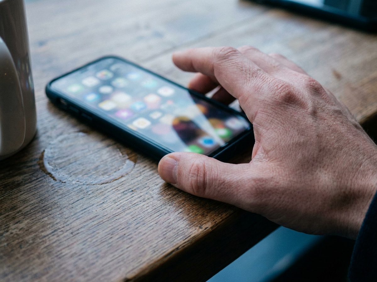 Téléphone posé sur une table de café avec l'écran allumé